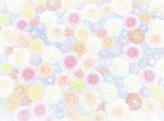 Bunch of colorful flowers. Floral background in dotwork style. Stippling art. 