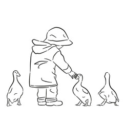 hand drawn illustration of little boy playing with duck