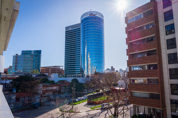 Montevideo cityscapes in the mist morning, in a shiny day, sunset and dusk in the winter. 