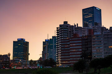 Montevideo cityscapes in the mist morning, in a shiny day, sunset and dusk in the winter. 
