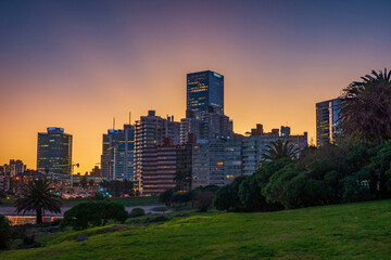 Fototapeta na wymiar Montevideo cityscapes in the mist morning, in a shiny day, sunset and dusk in the winter. 