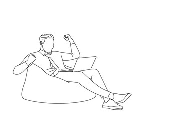 Illustration of male freelancer gesturing like winner laptop isolated on white color background. Oneline art drawing style