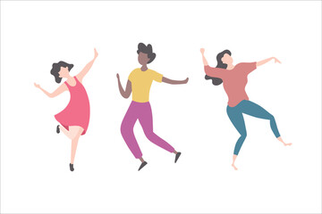 Fototapeta na wymiar Group of young happy dancing female isolated. Colorful vector illustration in flat color.