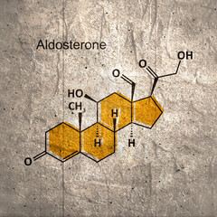 Aldosterone mineralocorticoid hormone, produced by the adrenal gland. Skeletal formula.