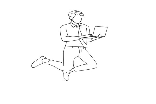 Drawing of businessman jumping in air using laptop home based job isolated over white background. One line art