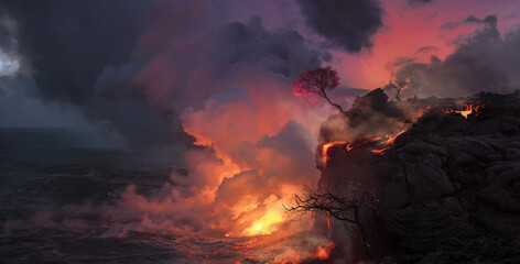 Beautiful landscape of lava flowing from shore into the ocean, cherry blossom tree with pink...