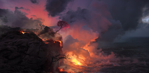 Beautiful landscape of lava flowing from shore into the ocean, cherry blossom tree with pink...