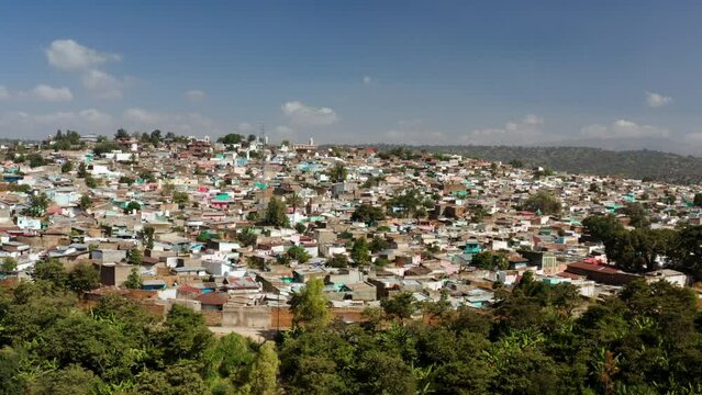 Panoramic View Of Harar Cityscape In Harari Region, Eastern Ethiopia. Aerial Wide Shot