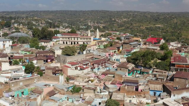 Dense Housing In The Old Town Harar In Ethiopia During Summer  - aerial drone shot
