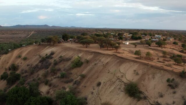 Flying Towards Remote Village Of Karo Tribe In Omo Valley, Southern Ethiopia. Aerial Drone Shot