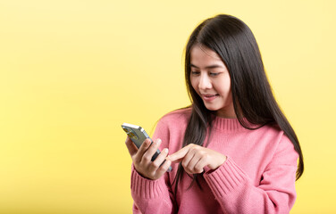 great mobile deals smartphone in hand Interact emotionally with the new app. happy woman standing...