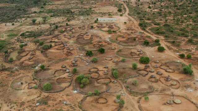 Panoramic View Of Hamer Tribe Village, Omo Valley In Southern Ethiopia. Aerial Drone Shot