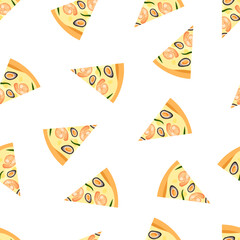 Seamless pattern of seafood pizza slices. Seafood pizza background