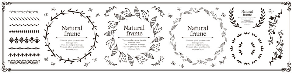 ナチュラルなフレーム、直物モチーフのデザイン素材のセット