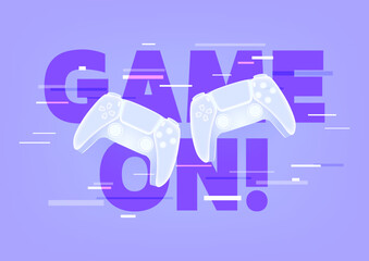 Game on, Neon game controller or joystick for game console on blue background.