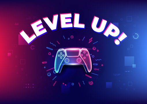 Level up, Neon game controller or joystick for game console on blue background.