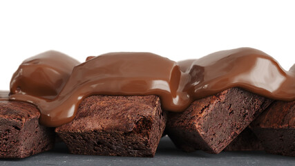 Closeup Chocolate Liquid Pouring on top Brownie cake. Selective focus. 3D Render. PNG
