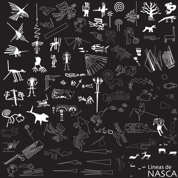 Nazca lines Peru. Compilation of new Nazca lines, Hieroglyphics of Peruvian culture.