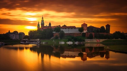Zamek Królewski na Wawelu o wschodzie słońca ze złotym niebem w tle - obrazy, fototapety, plakaty
