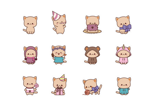 Set Isolated Cute  Kitty Kawaii Chibi Style. Cat Character. Vector Illustration