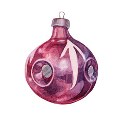 Watercolor hand-drawn red purple shiny christmas decoration disco ball isolated on white background. Creative toy clipart for new year party celebration, sticker wallpaper wrapping, sketchbook