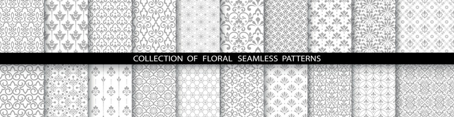 Geometric floral set of seamless patterns. White and gray vector backgrounds. Simple illustrations