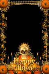 halloween background, pumpkin and gold skull 