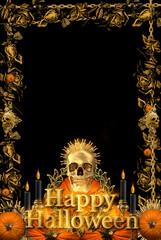 halloween background, pumpkin and gold skull 