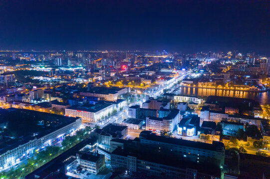 Aerial view of the night modern city. Bright lights of the night streets. Ekaterinburg. Russia © ArtEvent ET