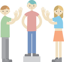 壇上に立つ男性を拍手で称賛する男女のイラスト
