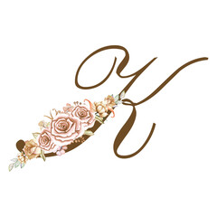 Watercolor brown alphabet with boho flowers of beige peach roses and leaves. Monogram initials are perfect for a wedding invitation, greeting card, logo, poster. Festive hand-painted decoration 