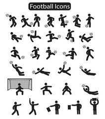 A Set of Football Players Action pictogram or stick Figure Icons