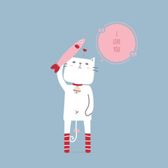 cute and lovely hand drawn cat holding fish with heart, happy valentine's day, love concept, flat vector illustration cartoon character costume design