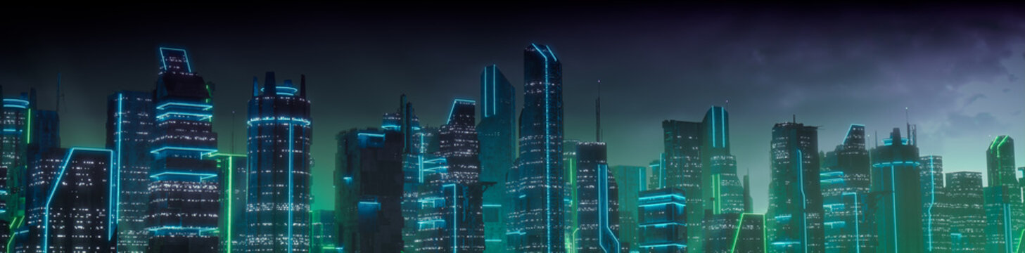 Futuristic Metropolis with Green and Blue Neon lights. Night scene with Visionary Superstructures.