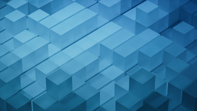 Innovative Tech Wallpaper with Precisely Arranged Translucent Blocks. Blue, 3D Render.