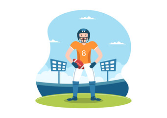 American Football Sports Player with The Game uses an Oval Shaped Ball and is Brown at Field Hand Drawn Cartoon Flat Illustration