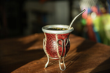 typical and traditional Argentinian mate with yerba steel bulb and hot water