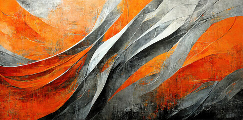 Spectacular waves of orange, gray, and silver, with a concrete with scratch texture for abstract concept. Digital art 3D illustration. - obrazy, fototapety, plakaty