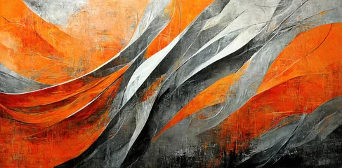 Fotobehang Spectacular waves of orange, gray, and silver, with a concrete with scratch texture for abstract concept. Digital art 3D illustration. © Summit Art Creations