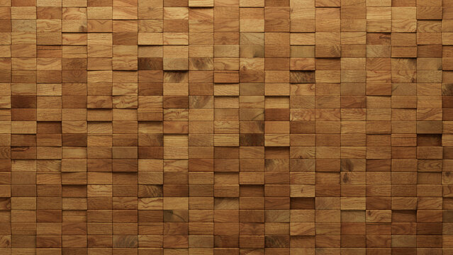Timber Tiles arranged to create a Natural wall. 3D, Wood Background formed from Rectangular blocks. 3D Render