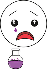 Sad emoji with a bottle of tears. Vector sticker