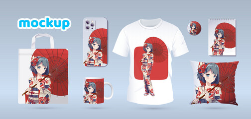 Anime Manga girl in traditional kimono. Identity branding mockup set top view. Prints on t-shirts, sweatshirts, cell phone cases, bags, souvenirs. Isolated vector illustration on white background