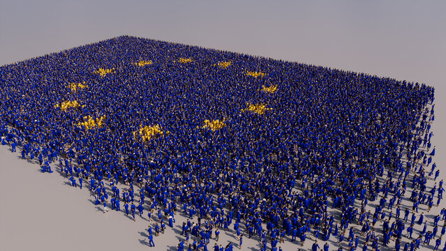Aerial view of a Crowd of People, coming together to form the Flag of Europe. European Banner on White Background.