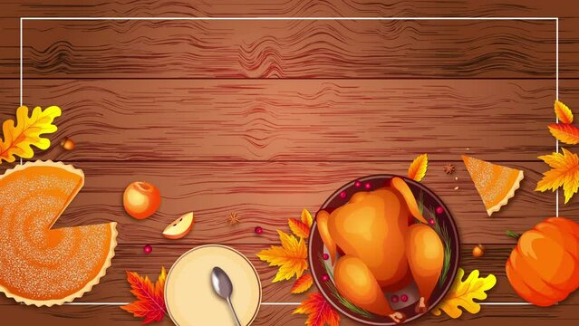 Baked turkey, autumn leaves, pumpkin pie, apples and plates on the wooden background. Thanksgiving Day, festive dinner concept. Animation video.
