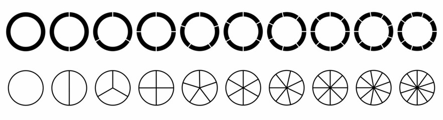 divided circles icon set isolated on white background.Segmented circles icon