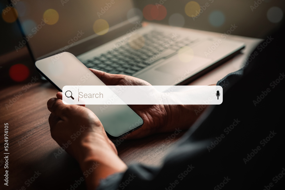 Poster Man using a mobile phone in the room for searching browsing internet data information. Business concept for Using search with your website.