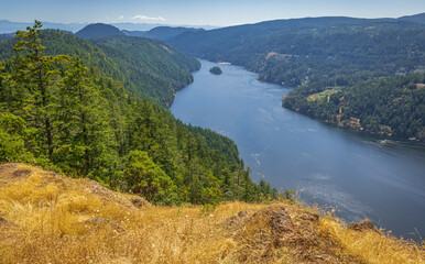 Beautiful view of the Saanich inlet and gulf islands from the Malahat summit at summer day in Vancouver Island BC Canada