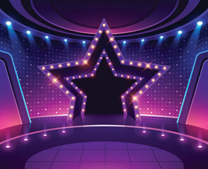 Star podium with lighting. Music stage game background. Show performance