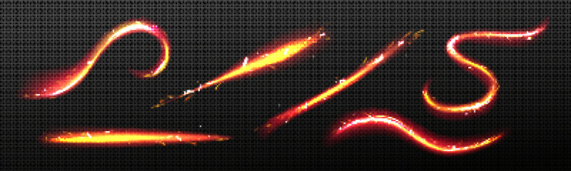 Abstract fire lines with sparks, bright glow lines isolated on transparent background. Vector realistic set of waves and swirls of flame streaks with sparkles © klyaksun