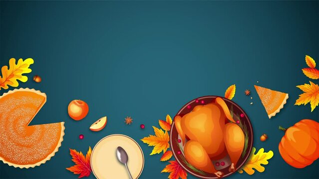 Baked turkey, autumn leaves, pumpkin pie, apples and plates on the blue background. Thanksgiving Day, festive dinner concept. Animation video.
